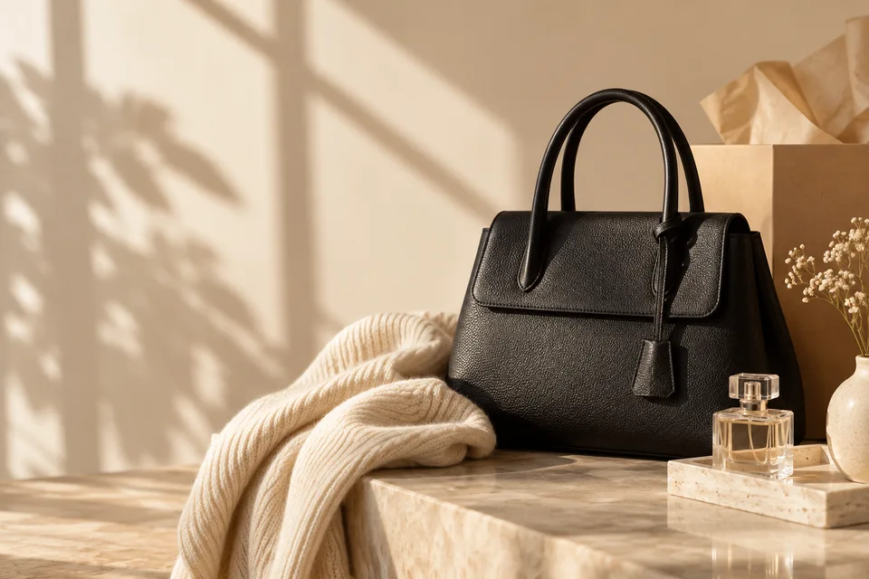 Editorial still life of an unbranded black handbag, ivory knit, perfume, and gift packaging